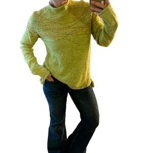 COLDWATER CREEK sweater MEDIUM green orange embroidery long sleeve tassels